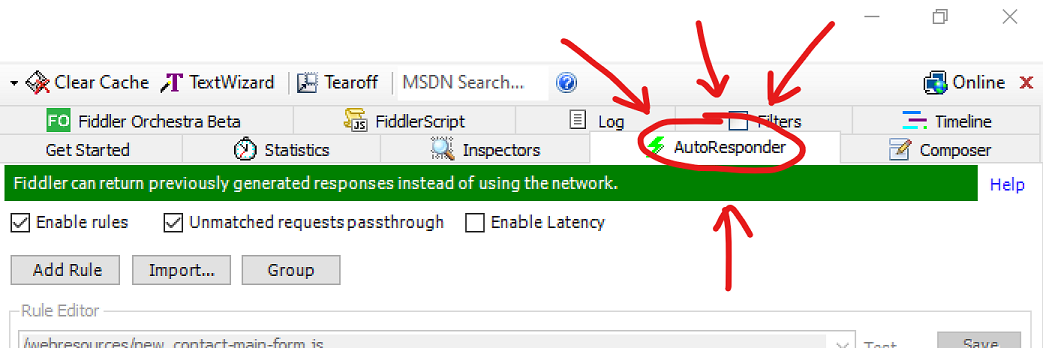 Fiddler Auto Responder Tab